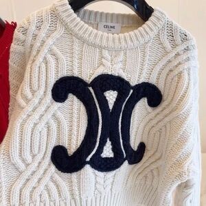 Celine Ivory Cable Knit Sweater with Navy Logo